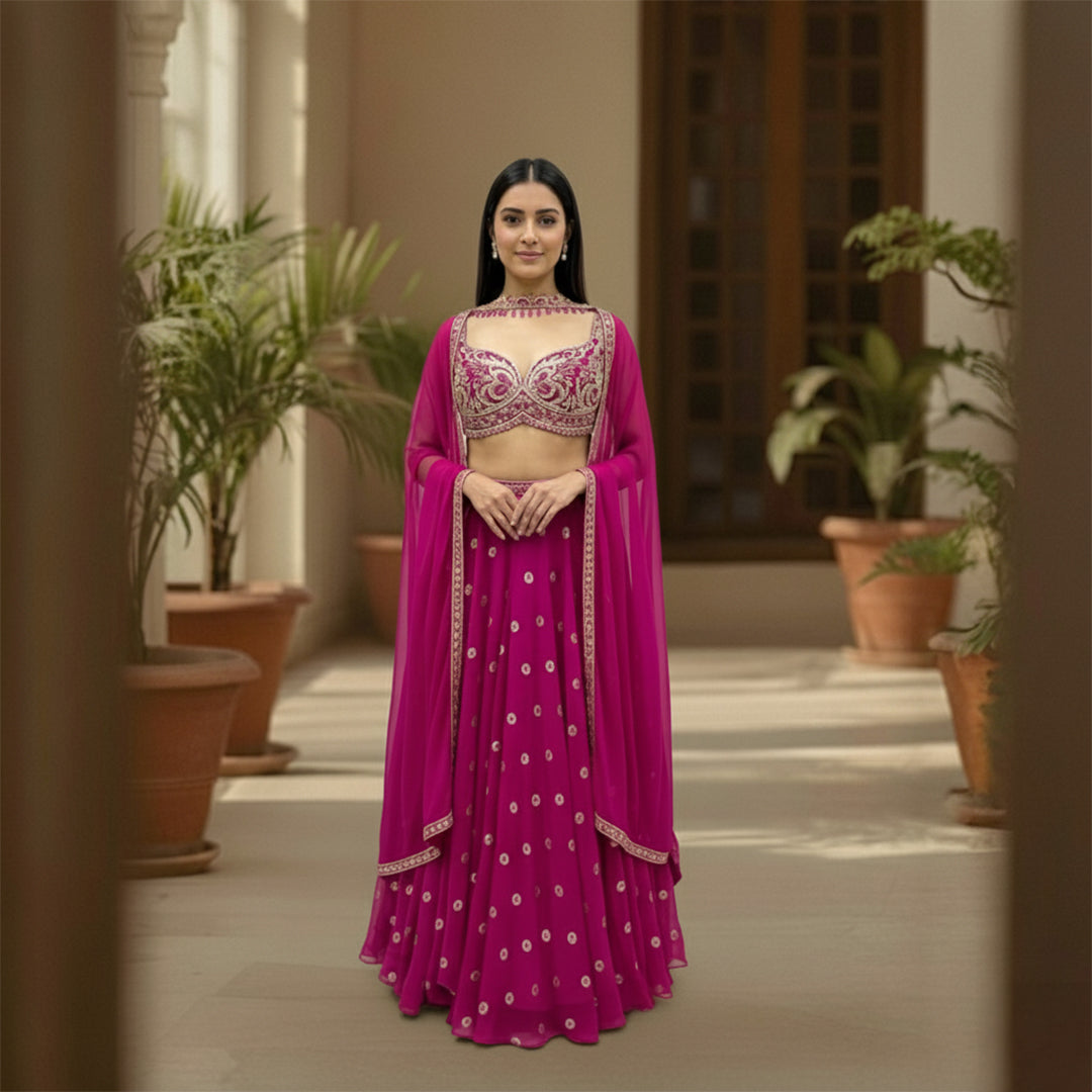 This is a stunning three-piece lehenga choli ensemble in a rich pink color, suitable for festive and formal occasions.

The outfit includes a fitted crop blouse (choli) and a voluminous flared skirt (lehenga) that are heavily embellished with intricate silver-toned embroidery and sparkling accents.

It is completed by a matching sheer overlay scarf (dupatta), featuring latkan around the neck. The ensemble presents a traditional, elegant look.
