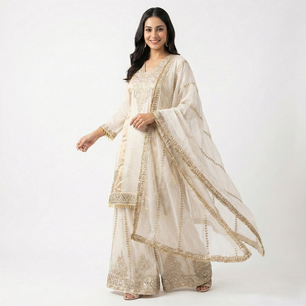 This elegant outfit is in a rich cream color. It features a long-sleeved Kurta with shiny silver and gold embroidery on the neck and a shimmering gold panel on the side. The sleeves have stylish hanging beads at the cuffs. It comes with matching pants that have heavy sparkly designs at the ankles. The look is completed with a dupatta featuring a beautiful embroidered border, making it a classy choice for weddings and festivals.