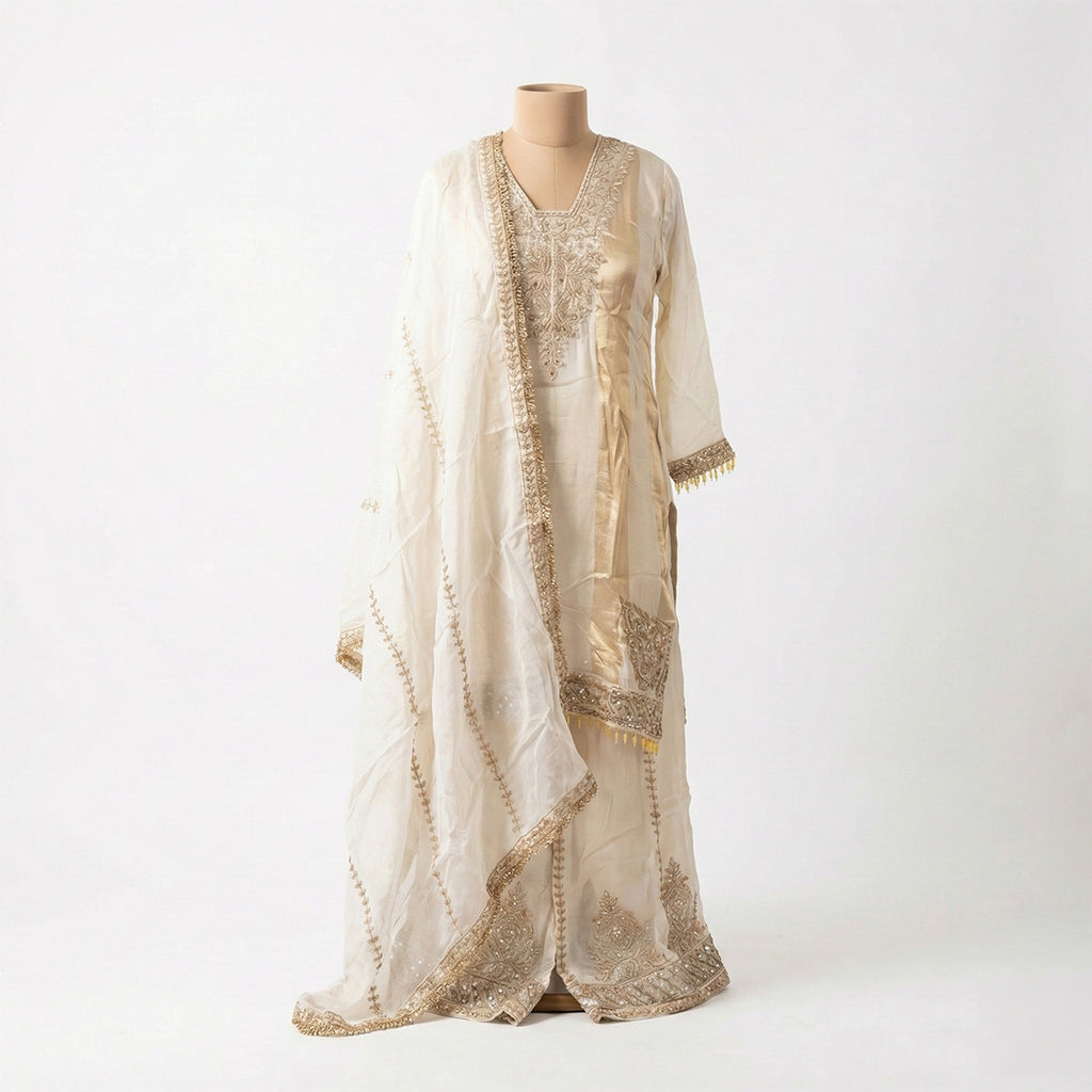 This elegant outfit is in a rich cream color. It features a long-sleeved Kurta with shiny silver and gold embroidery on the neck and a shimmering gold panel on the side. The sleeves have stylish hanging beads at the cuffs. It comes with matching pants that have heavy sparkly designs at the ankles. The look is completed with a dupatta featuring a beautiful embroidered border, making it a classy choice for weddings and festivals.