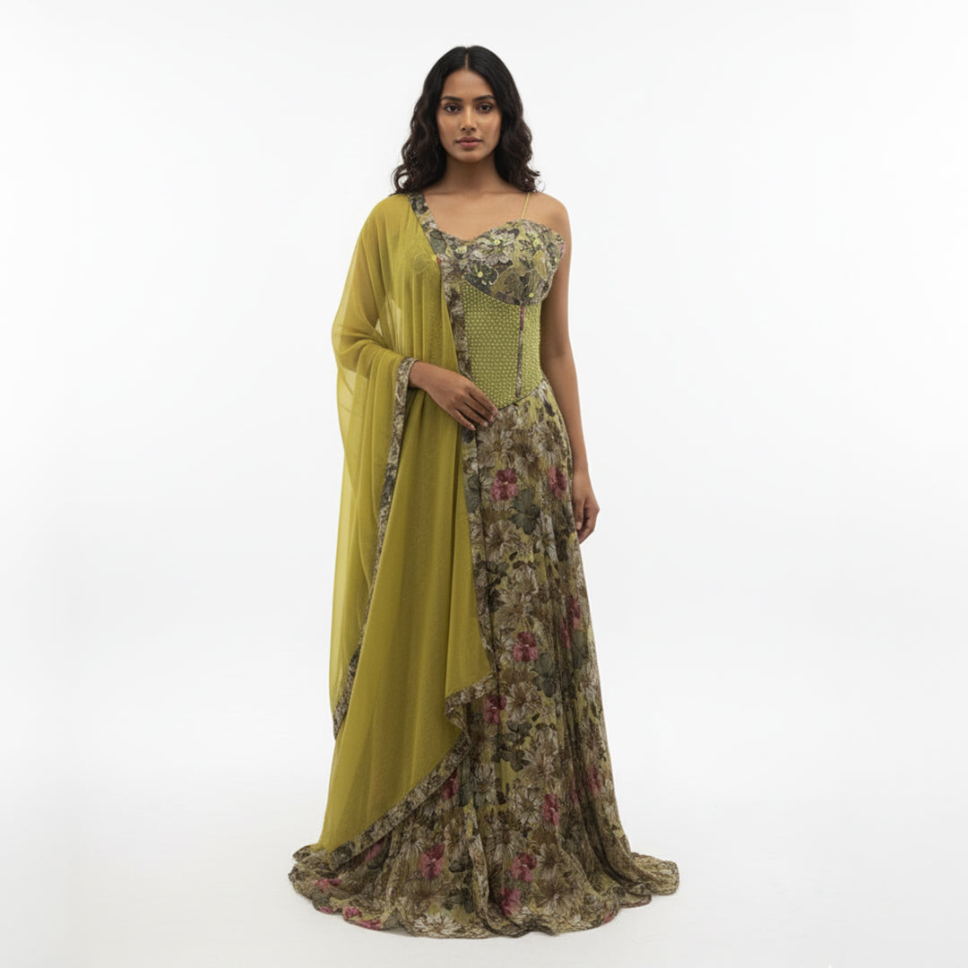 This is a beautiful floral lehenga with a corset-style blouse. The blouse has a mix of prints and light embroidery, giving it a stylish and modern look.

The skirt has a lovely floral pattern in soft green and pink tones that flow nicely. The matching light green dupatta adds a fresh and elegant touch.

Perfect for weddings, sangeet or festive events, this outfit is trendy, graceful and full of charm.