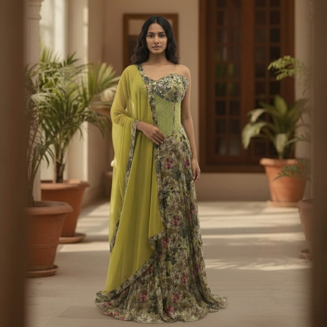 This is a beautiful floral lehenga with a corset-style blouse. The blouse has a mix of prints and light embroidery, giving it a stylish and modern look.

The skirt has a lovely floral pattern in soft green and pink tones that flow nicely. The matching light green dupatta adds a fresh and elegant touch.

Perfect for weddings, sangeet or festive events, this outfit is trendy, graceful and full of charm.