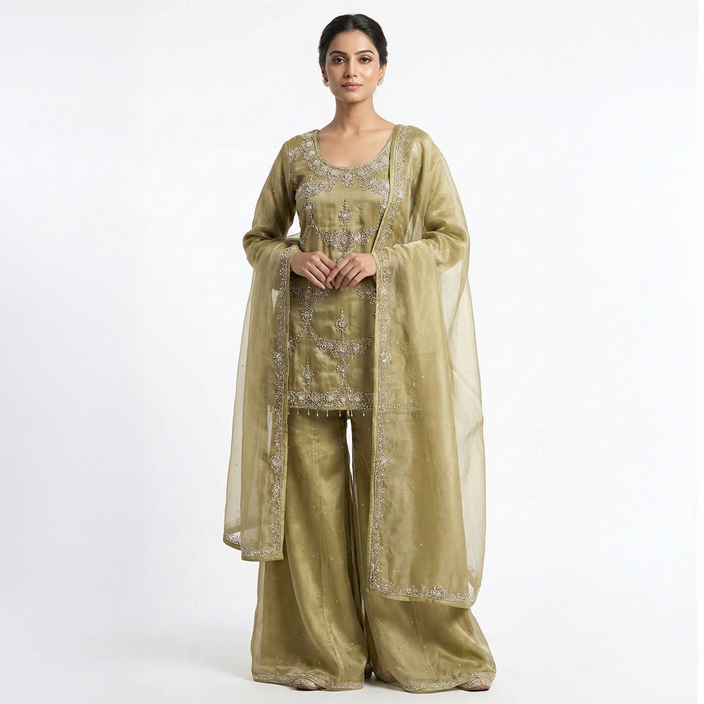 This beautiful outfit is in a lovely olive green color. It features a stylish Kurta made of shiny fabric with sparkling silver stone work around the neckline and front. It comes with matching wide pants that have small silver dots scattered on them. The look is completed with a light dupatta that has a delicate silver border, making it a perfect choice for weddings and parties.