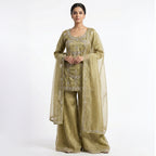 This beautiful outfit is in a lovely olive green color. It features a stylish Kurta made of shiny fabric with sparkling silver stone work around the neckline and front. It comes with matching wide pants that have small silver dots scattered on them. The look is completed with a light dupatta that has a delicate silver border, making it a perfect choice for weddings and parties.