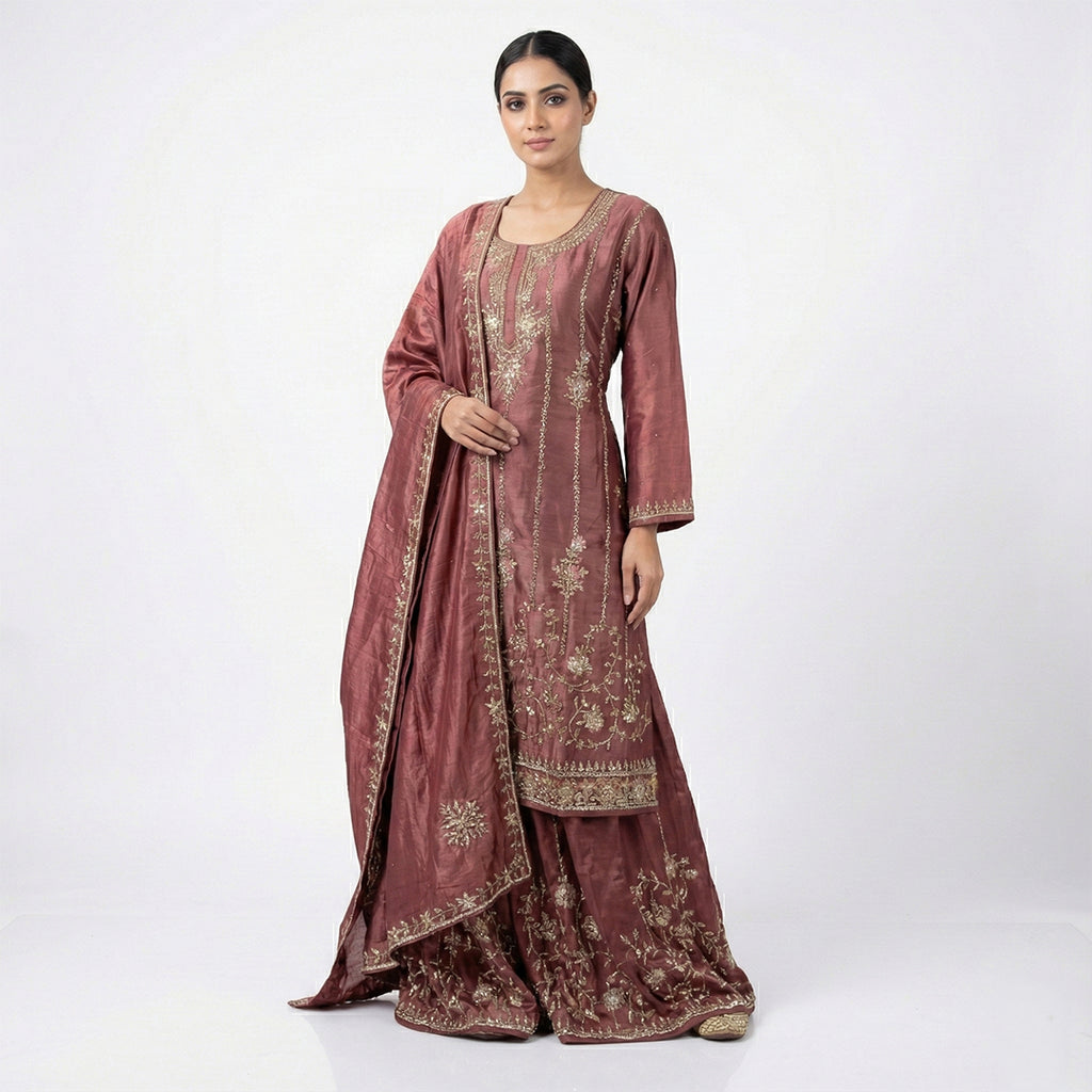 This gorgeous outfit is in a deep wine color. It features a long-sleeved Kurta with beautiful vertical lines of silver embroidery running down the front and floral designs. It is paired with matching wide palazzo pants that are heavily decorated with detailed embroidery at the bottom. The look is completed with a matching dupatta that also features elegant embroidered lines, making it a rich and festive choice