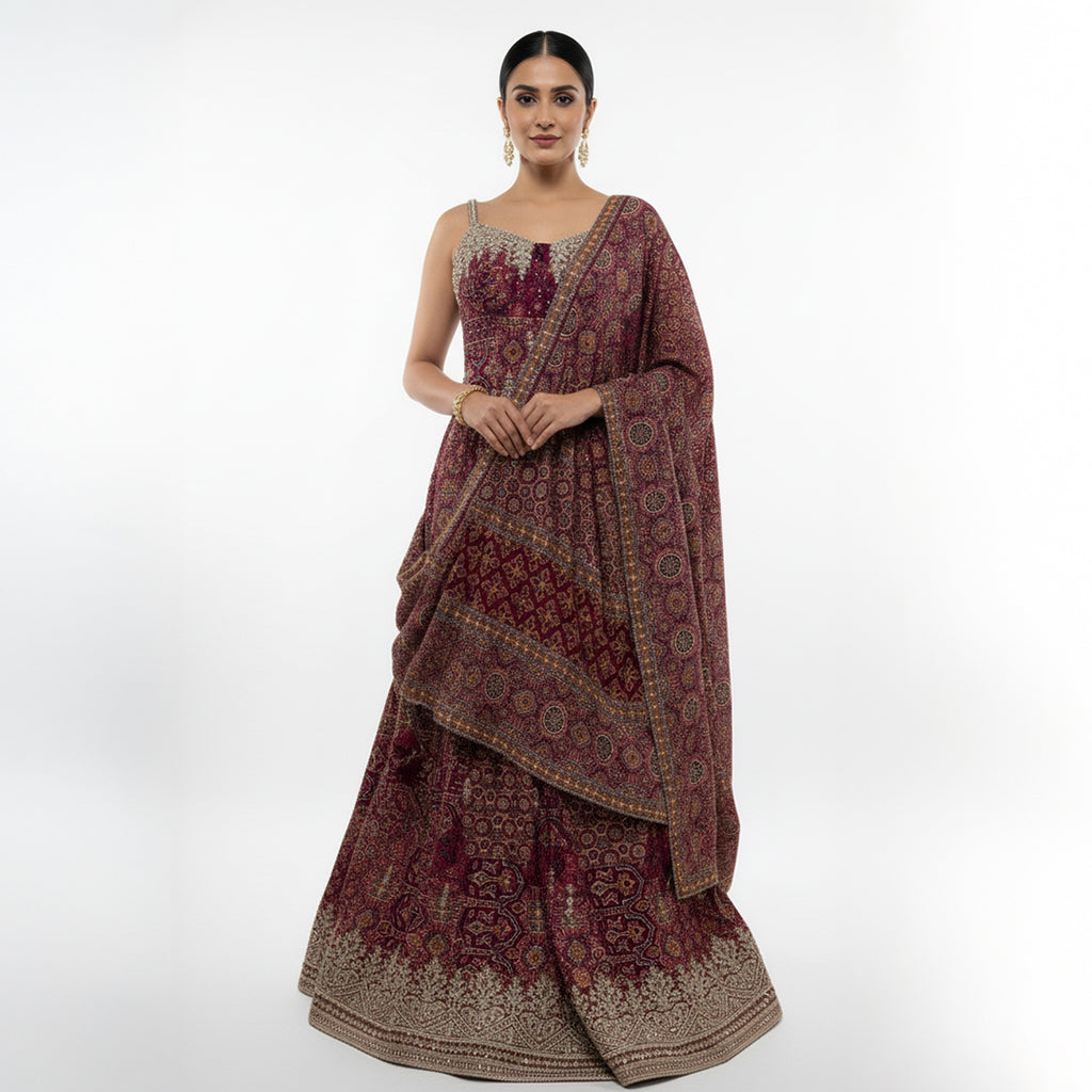 This is an exquisite maroon and gold lehenga choli ensemble, the perfect choice for weddings, Diwali, or any grand celebration.

This A-line traditional outfit features intricate all-over ethnic motifs and vibrant detailing. The full-flared skirt provides a majestic look, complemented by a chic embellished bodice and a matching drape.

This eye-catching Indian wedding wear piece is designed to make a statement.