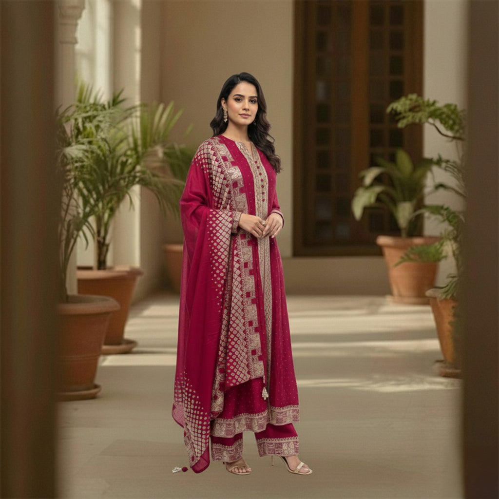 Classy Deep Red Party Wear Suit With Golden Work | Indian Suit