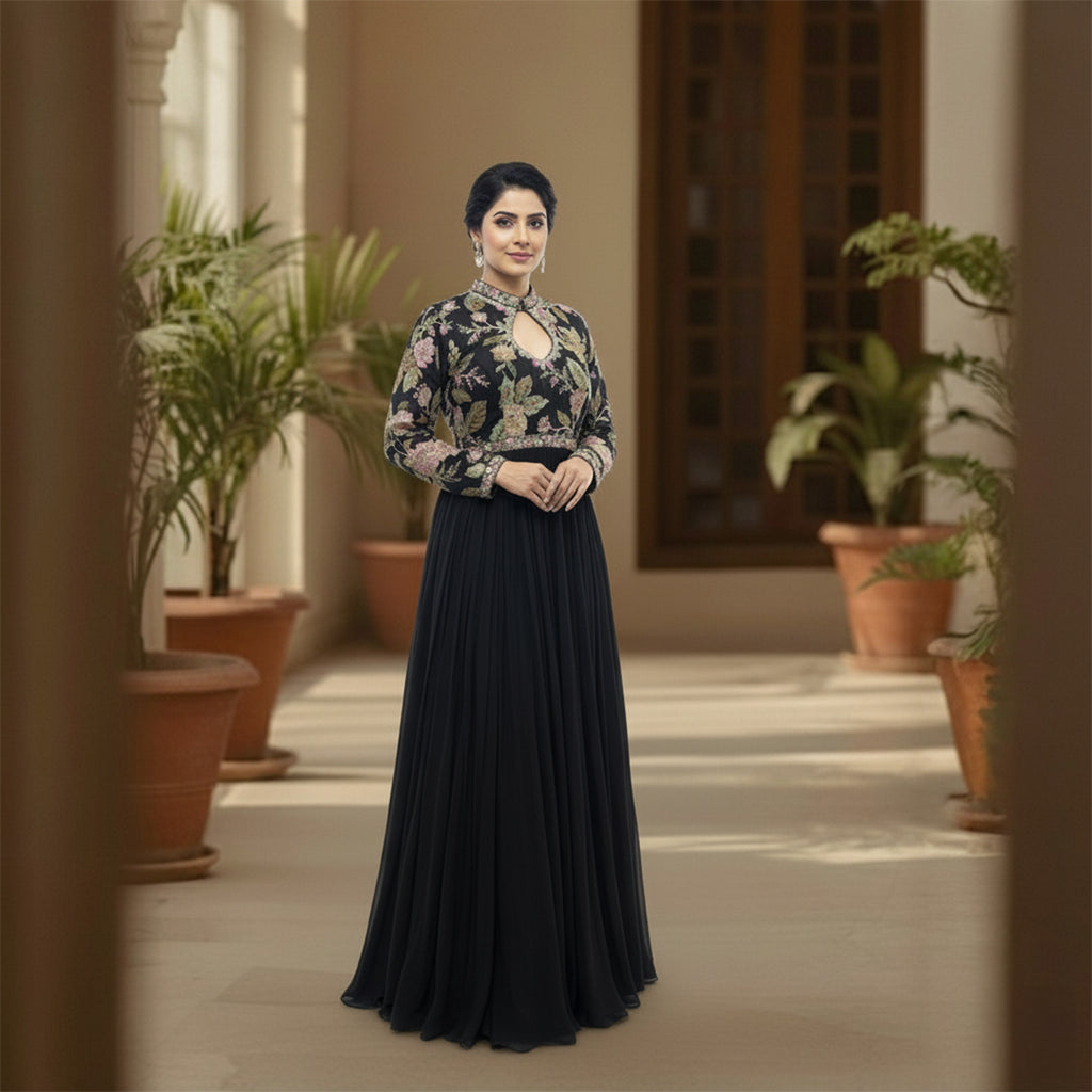 This elegant, full-length black gown features a high-neck bodice adorned with intricate, multi-colored floral embroidery.

The dress has long sleeves and a defined waistline, flowing into a voluminous, pleated skirt that reaches the floor.

The style blends traditional motifs with a modern look, making it a sophisticated choice for formal events or evening wear.