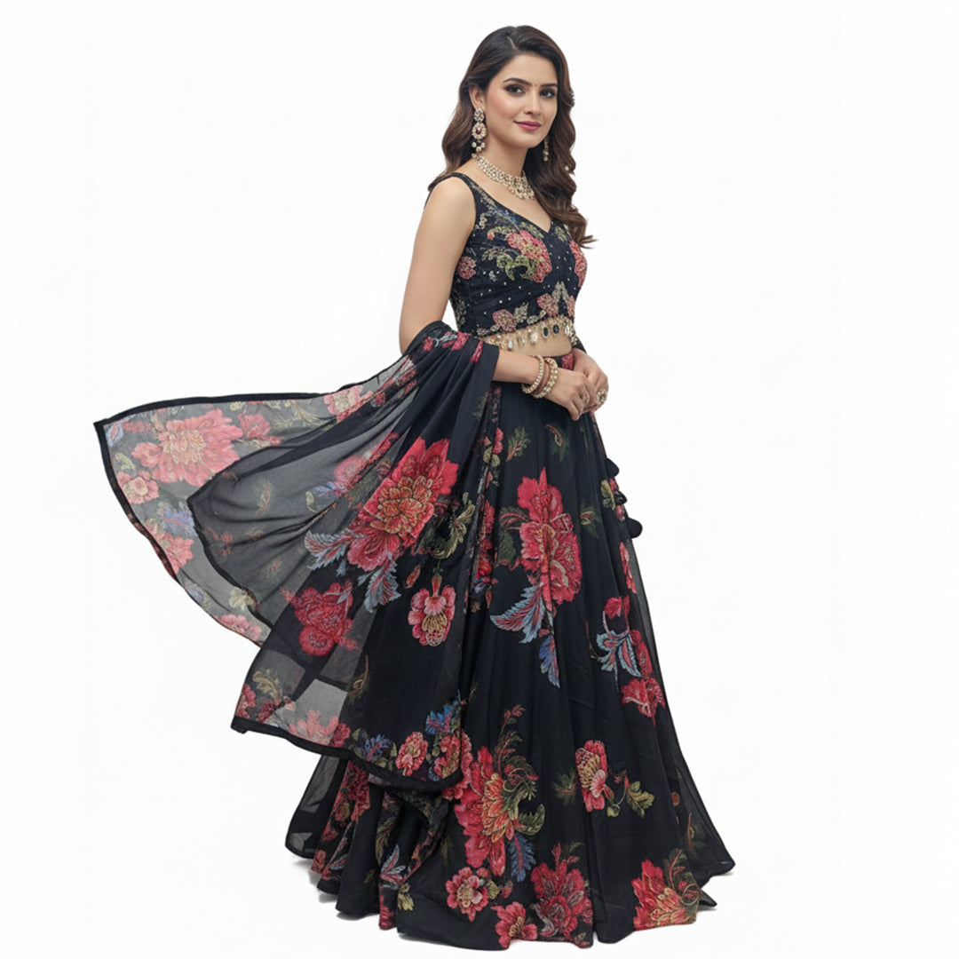 This beautiful lehenga is in a classic black color. The blouse features colorful flower embroidery and has cute beaded hangings at the bottom.

The skirt and matching dupatta have a big, bright floral print with red and pink flowers that look very fresh.

This outfit is elegant, vibrant, and perfect for sangeet nights, weddings, and festive parties.