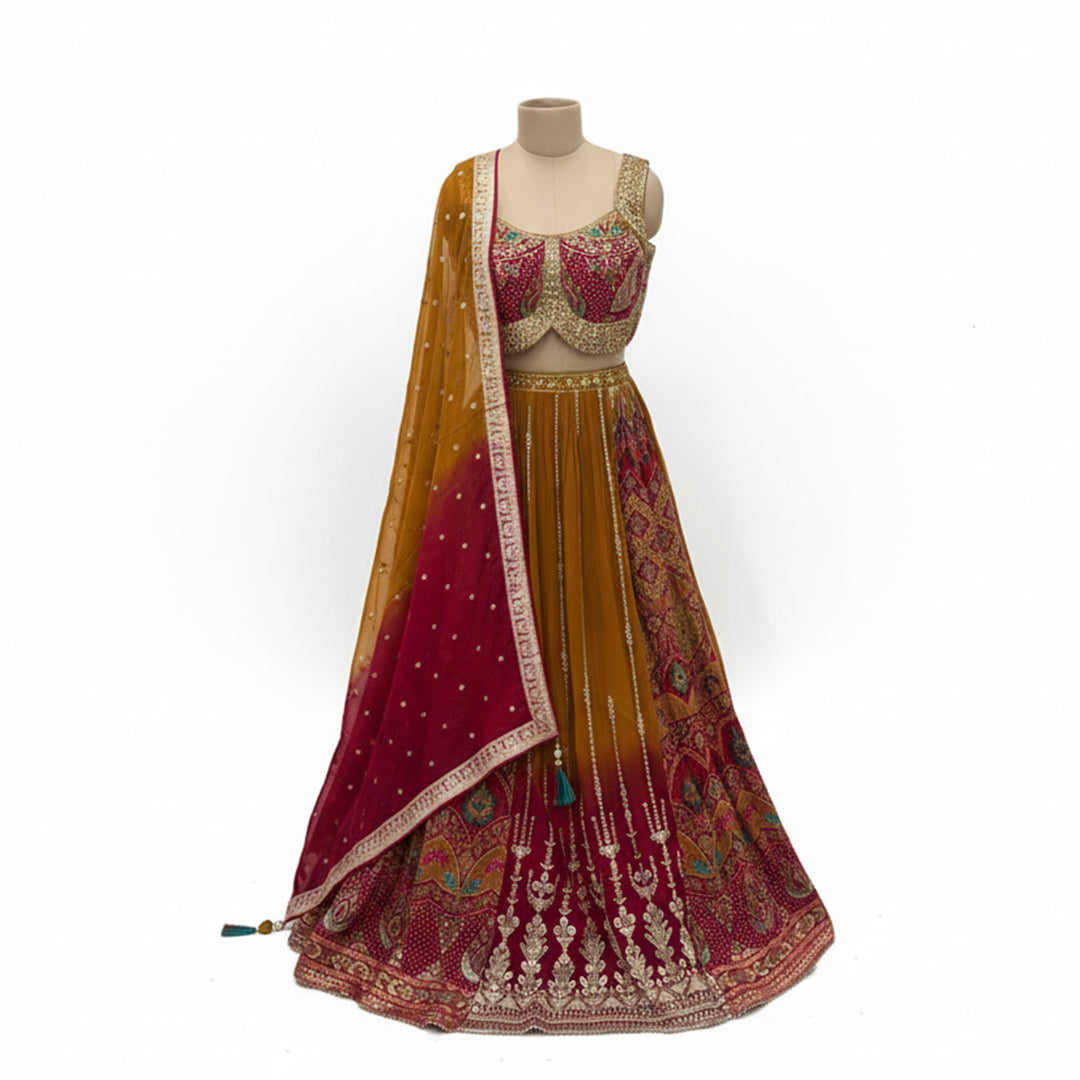 This beautiful lehenga comes in a lovely mix of mustard yellow and deep pink colors. The blouse is in pink and fully decorated with gold patterns.

The skirt has a traditional look with gold lines and shades from yellow to pink at the bottom. It includes a matching shaded dupatta with a shiny gold border.

This outfit is bright, traditional, and perfect for Haldi ceremonies and weddings.
