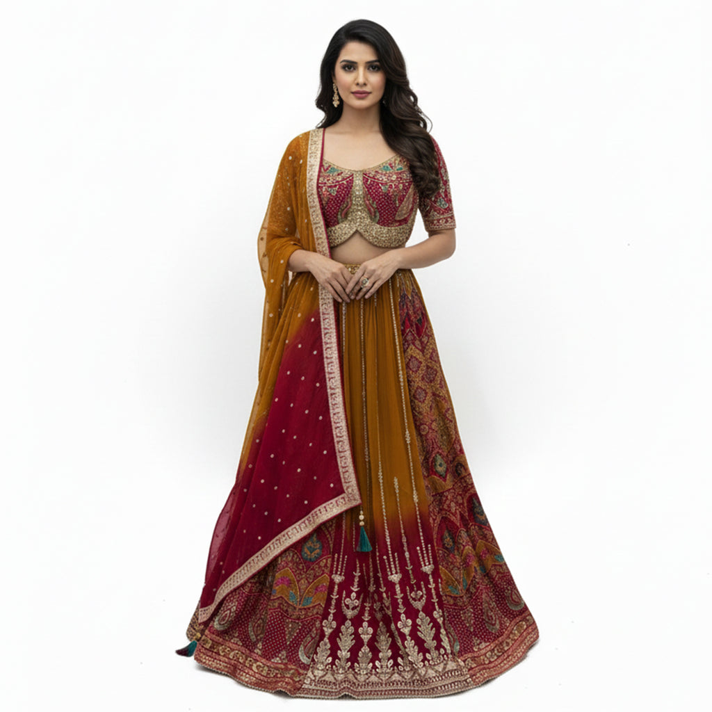 This beautiful lehenga comes in a lovely mix of mustard yellow and deep pink colors. The blouse is in pink and fully decorated with gold patterns.

The skirt has a traditional look with gold lines and shades from yellow to pink at the bottom. It includes a matching shaded dupatta with a shiny gold border.

This outfit is bright, traditional, and perfect for Haldi ceremonies and weddings.