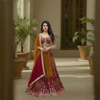 This beautiful lehenga comes in a lovely mix of mustard yellow and deep pink colors. The blouse is in pink and fully decorated with gold patterns.

The skirt has a traditional look with gold lines and shades from yellow to pink at the bottom. It includes a matching shaded dupatta with a shiny gold border.

This outfit is bright, traditional, and perfect for Haldi ceremonies and weddings.