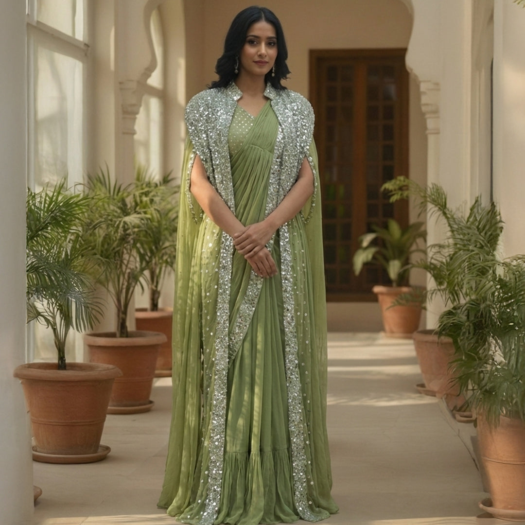 This stunning outfit is in a lovely olive green color. It comes with a heavy jacket that is fully covered in shiny silver sparkles, giving it a rich and royal look.

Inside, there is a matching pre-draped saree made of soft, crushed fabric that is very easy to wear. This outfit is modern, grand, and perfect for cocktail parties, sangeet nights, and winter weddings.