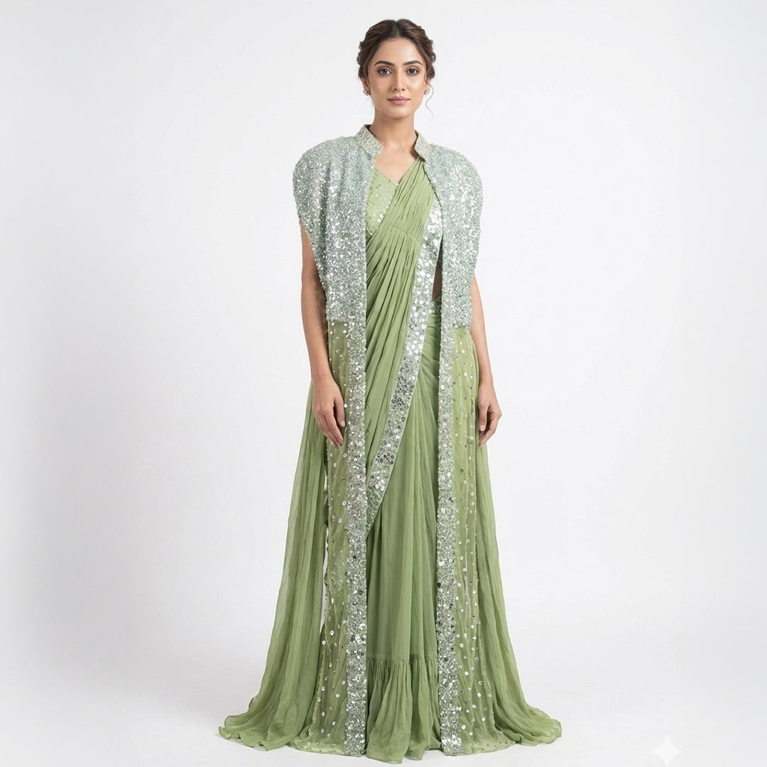 This stunning outfit is in a lovely olive green color. It comes with a heavy jacket that is fully covered in shiny silver sparkles, giving it a rich and royal look.

Inside, there is a matching pre-draped saree made of soft, crushed fabric that is very easy to wear. This outfit is modern, grand, and perfect for cocktail parties, sangeet nights, and winter weddings.