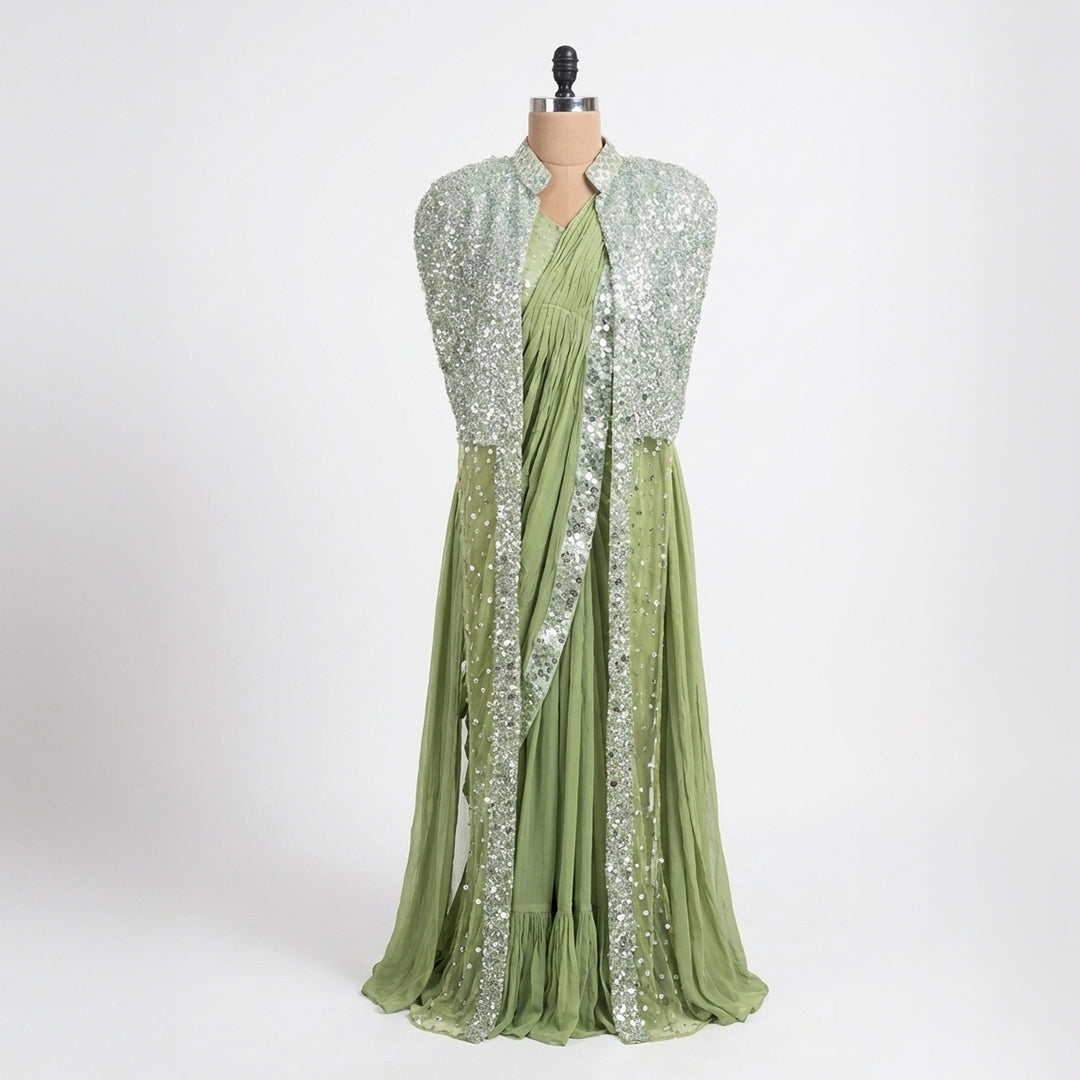 This stunning outfit is in a lovely olive green color. It comes with a heavy jacket that is fully covered in shiny silver sparkles, giving it a rich and royal look.

Inside, there is a matching pre-draped saree made of soft, crushed fabric that is very easy to wear. This outfit is modern, grand, and perfect for cocktail parties, sangeet nights, and winter weddings.