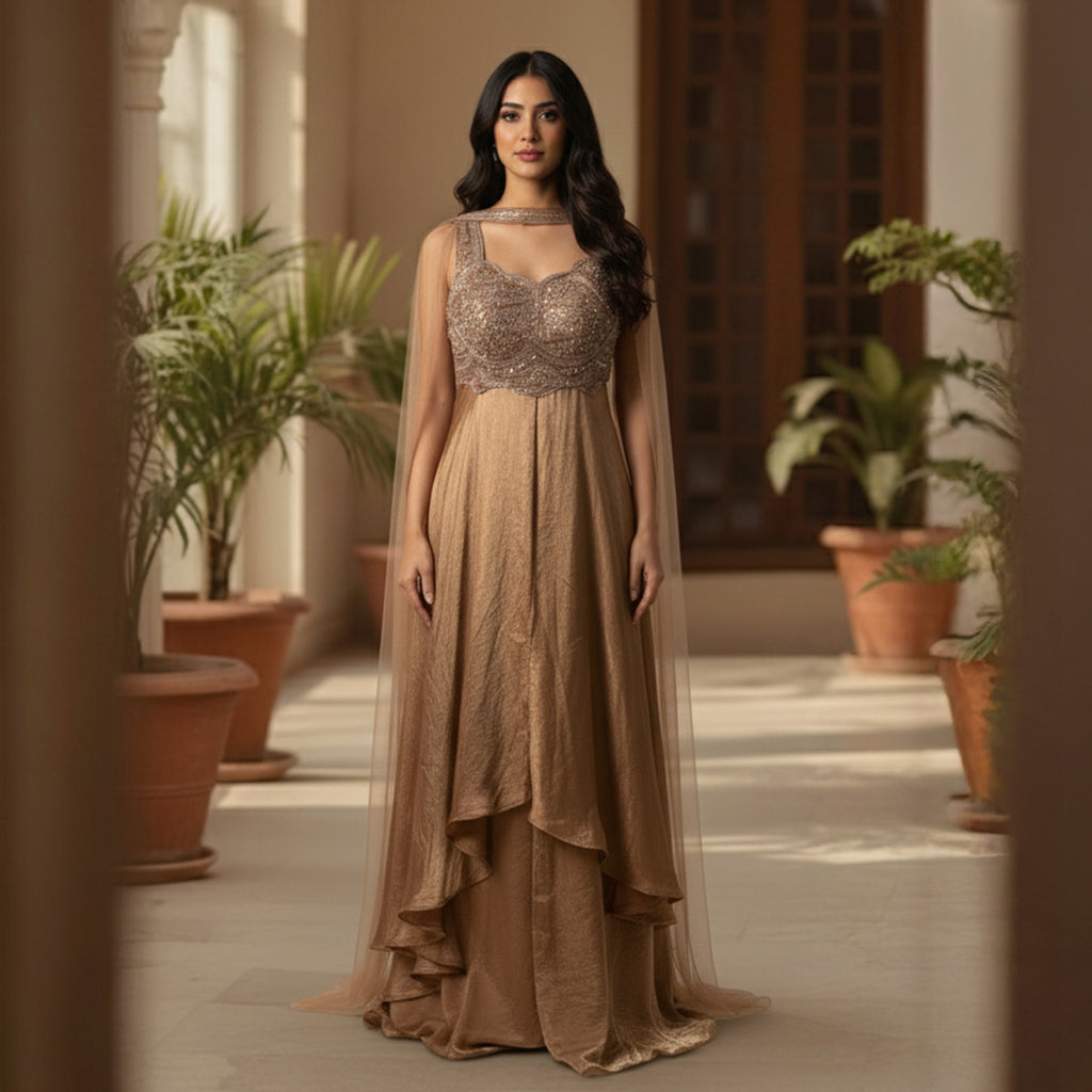 This elegant outfit comes in a soft golden tone with a shimmer finish. The kurta features fine hand embroidery on the bodice with beads and sequins that add a rich sparkle.

The front-cut design gives it a stylish and modern look. The matching palazzo adds flow and comfort, making the outfit graceful and easy to carry.


A sheer dupatta completes the look, making it perfect for festive occasions, weddings, evening part