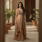 This elegant outfit comes in a soft golden tone with a shimmer finish. The kurta features fine hand embroidery on the bodice with beads and sequins that add a rich sparkle.

The front-cut design gives it a stylish and modern look. The matching palazzo adds flow and comfort, making the outfit graceful and easy to carry.


A sheer dupatta completes the look, making it perfect for festive occasions, weddings, evening part