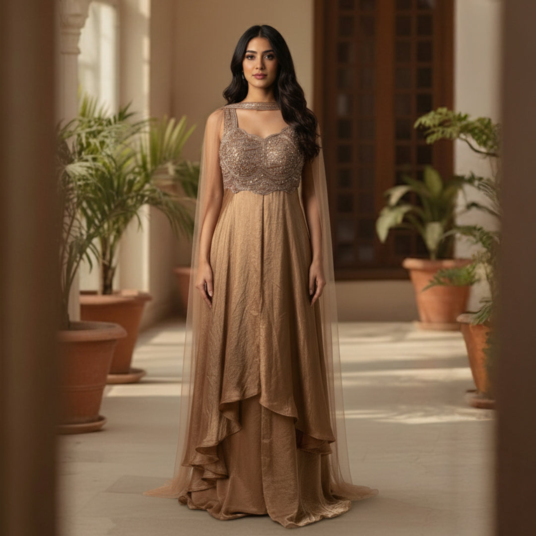 This elegant outfit comes in a soft golden tone with a shimmer finish. The kurta features fine hand embroidery on the bodice with beads and sequins that add a rich sparkle.

The front-cut design gives it a stylish and modern look. The matching palazzo adds flow and comfort, making the outfit graceful and easy to carry.


A sheer dupatta completes the look, making it perfect for festive occasions, weddings, evening part