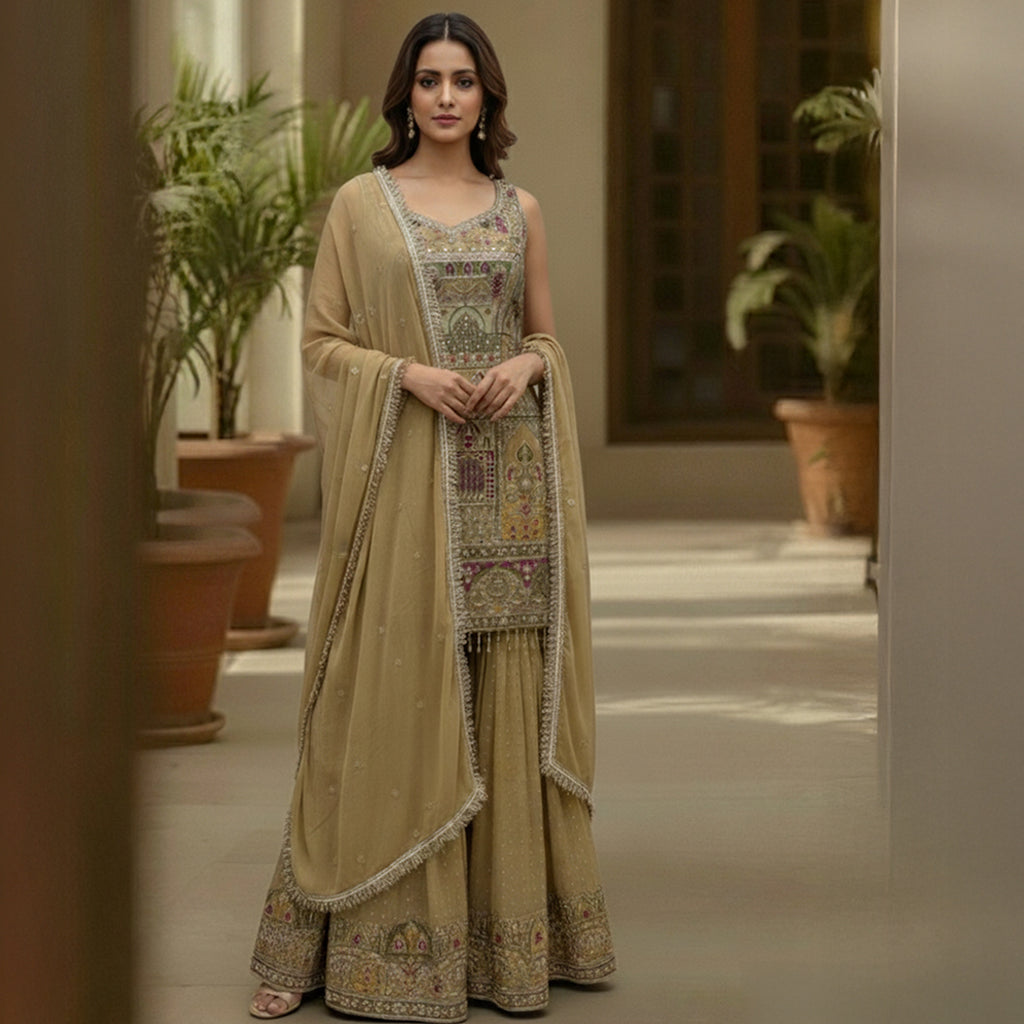 This beautiful outfit comes in a soft mauve color with pretty silver embroidery. The shirt has fine work around the neck and sleeves that adds a gentle shine.

The matching palazzo pants have lovely embroidery at the bottom, giving the outfit an elegant look.

A light dupatta with delicate work and a neat border completes the set, making it perfect for festive events or special occasions.