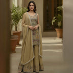 This beautiful outfit comes in a soft mauve color with pretty silver embroidery. The shirt has fine work around the neck and sleeves that adds a gentle shine.

The matching palazzo pants have lovely embroidery at the bottom, giving the outfit an elegant look.

A light dupatta with delicate work and a neat border completes the set, making it perfect for festive events or special occasions.