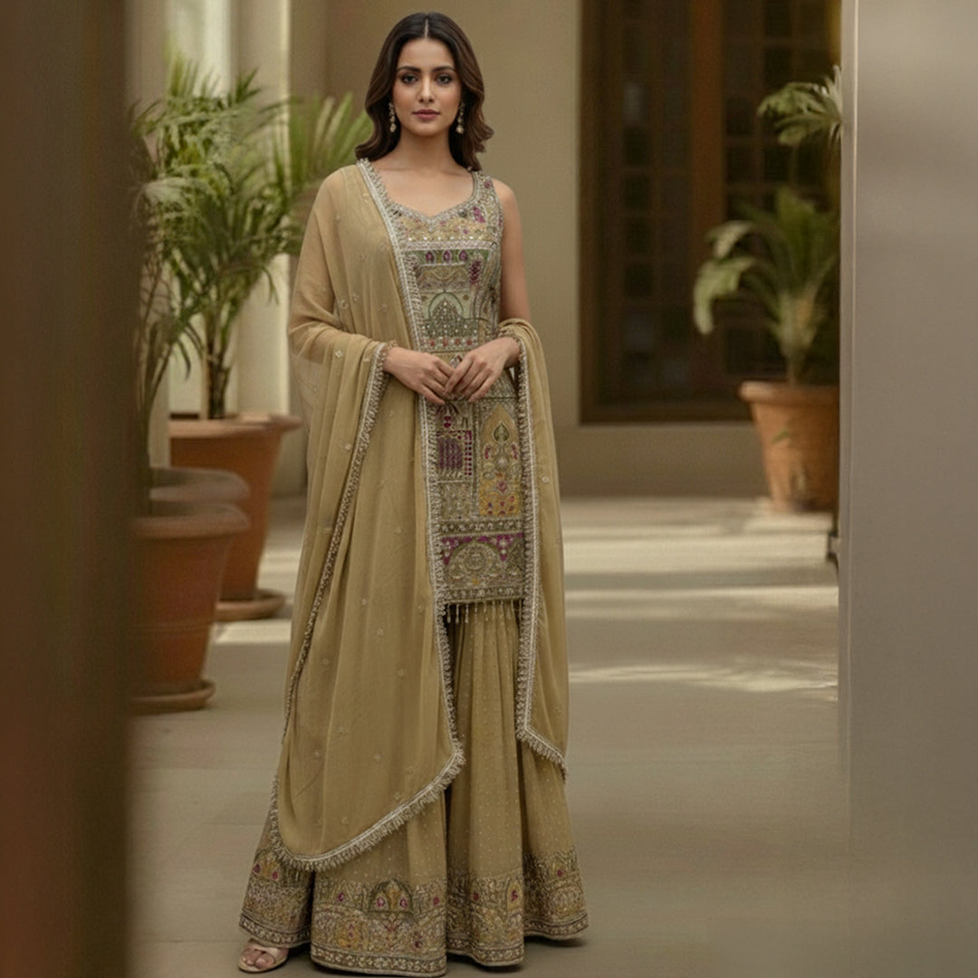 This beautiful outfit comes in a soft mauve color with pretty silver embroidery. The shirt has fine work around the neck and sleeves that adds a gentle shine.

The matching palazzo pants have lovely embroidery at the bottom, giving the outfit an elegant look.

A light dupatta with delicate work and a neat border completes the set, making it perfect for festive events or special occasions.
