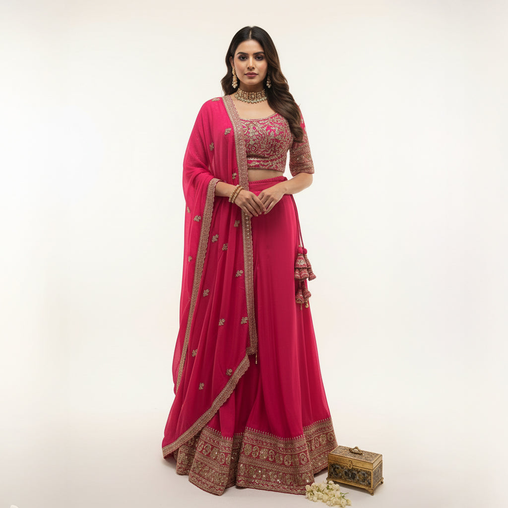 This is a bright pink outfit featuring a heavily embroidered blouse paired with flared palazzo. The blouse has intricate golden embroidery, giving it a festive and rich look.


The matching dupatta has small embroidery and a detailed border that adds elegance.&nbsp;This outfit is perfect for weddings, mehndi or festive events. It’s modern, stylish and full of charm.