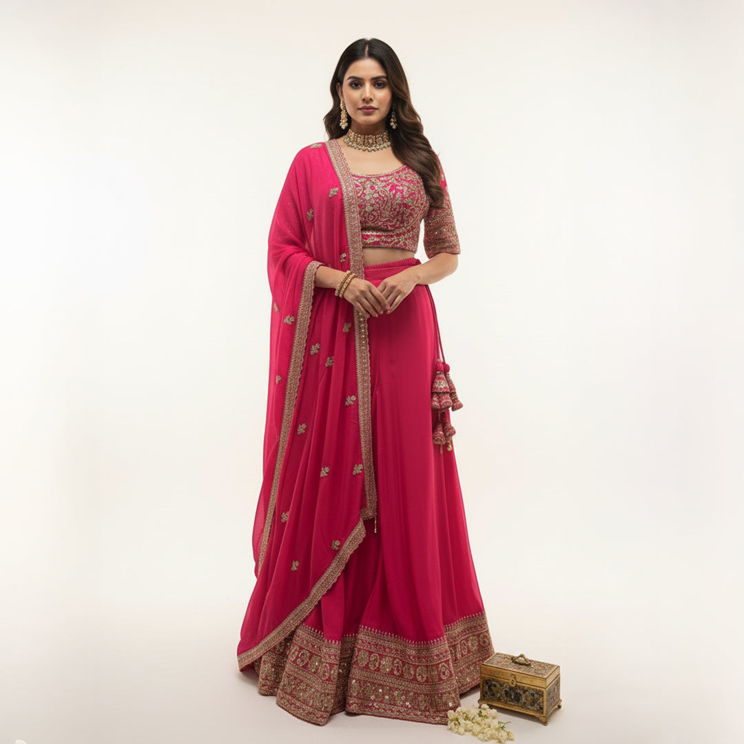 This is a bright pink outfit featuring a heavily embroidered blouse paired with flared palazzo. The blouse has intricate golden embroidery, giving it a festive and rich look.


The matching dupatta has small embroidery and a detailed border that adds elegance.&nbsp;This outfit is perfect for weddings, mehndi or festive events. It’s modern, stylish and full of charm.