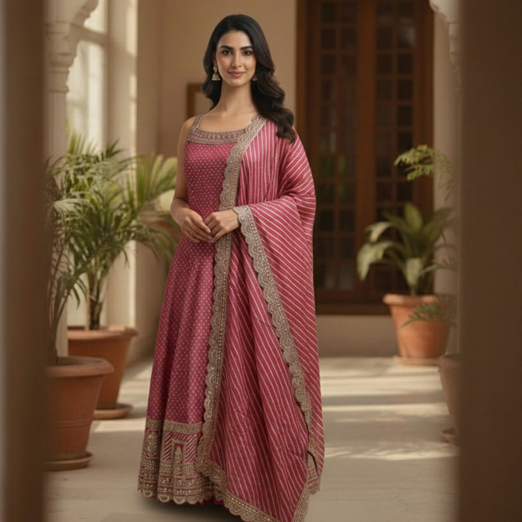 This charming outfit features a deep pink kurta with golden embroidery and small patterned details that give it a traditional yet stylish look. The neckline and borders are beautifully decorated with fine handwork, adding a touch of shine.

The flared bottom palazzo&nbsp; and the striped dupatta with a golden border completes the outfit perfectly.


Light, elegant and festive, this look is ideal for weddings, family gatherings or cultural celebrations where you want to appear graceful and radiant.
