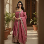 This charming outfit features a deep pink kurta with golden embroidery and small patterned details that give it a traditional yet stylish look. The neckline and borders are beautifully decorated with fine handwork, adding a touch of shine.

The flared bottom palazzo&nbsp; and the striped dupatta with a golden border completes the outfit perfectly.


Light, elegant and festive, this look is ideal for weddings, family gatherings or cultural celebrations where you want to appear graceful and radiant.

