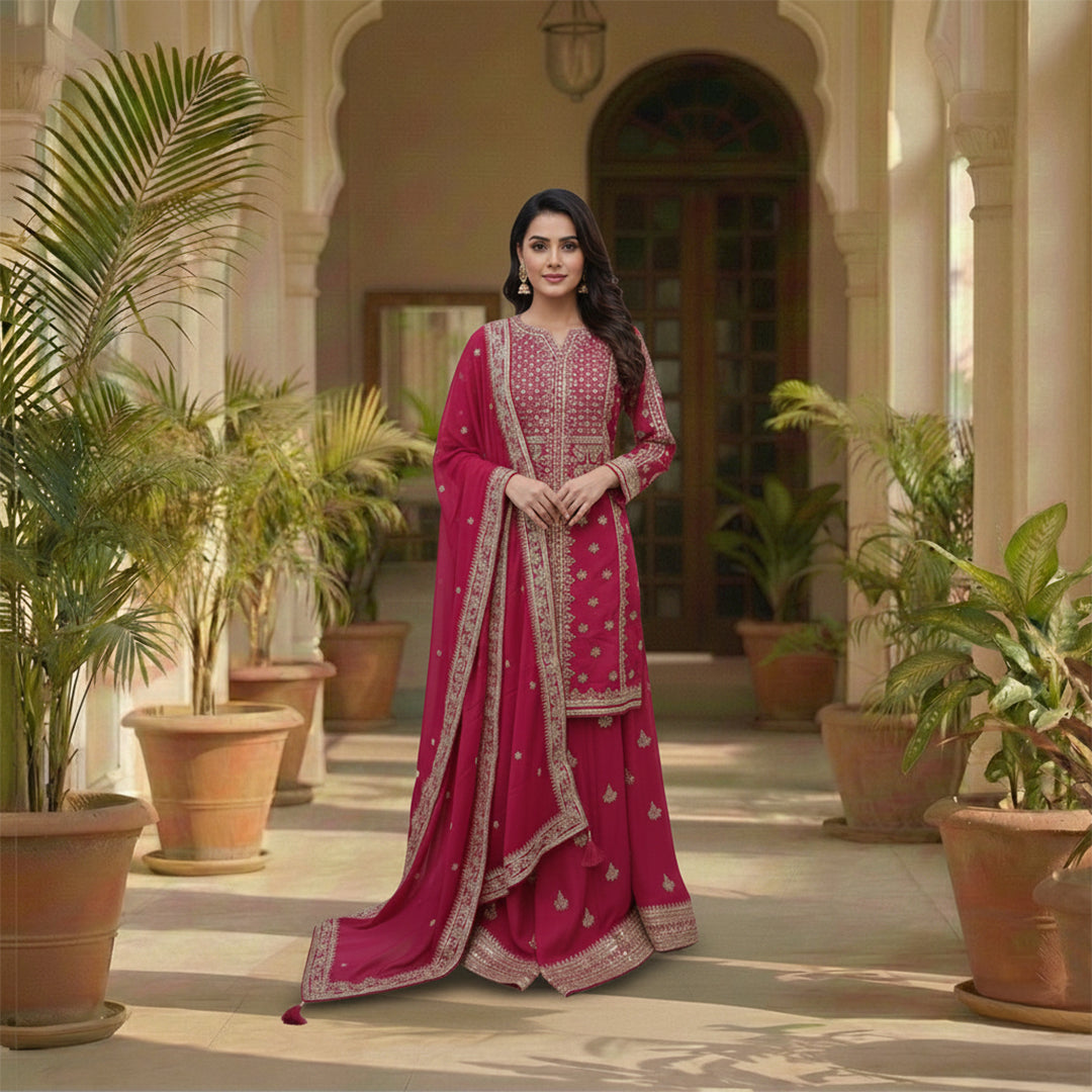 Make a grand entrance in this Fuchsia Rani Pink Silk Set, defined by its dense all-over gold embroidery. The intricate Tilla and Zari work across the bodice creates a luminous effect, perfectly balanced by a scalloped-edge dupatta. Vibrant and traditional, this set is designed for the woman who wants to celebrate the true spirit and color of Indian festivities.
