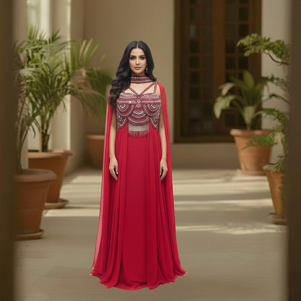 This dazzling outfit is in a beautiful red color. It features a stylish cut-out kurta that is heavily decorated with shiny silver beads and mirrors. It has a high-neck design and cute hanging tassels at the waist. It comes with flowy palazzo pants and a matching sheer dupatta. This outfit is bold, modern, and perfect for cocktail parties and evening events.