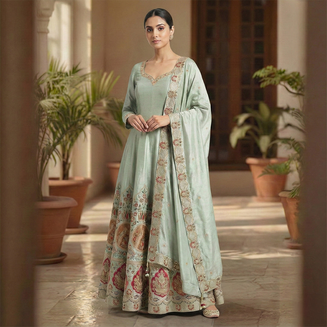 This elegant outfit is in a shiny sea-green color. It features a long, flowy Anarkali kurta with long sleeves and delicate work around the neckline. The bottom of the dress is heavily decorated with colorful red and gold floral embroidery. It comes with matching pants that fit comfortably. The look is finished with a matching Dupatta that has a beautiful embroidered border, making it perfect for weddings and festivals.