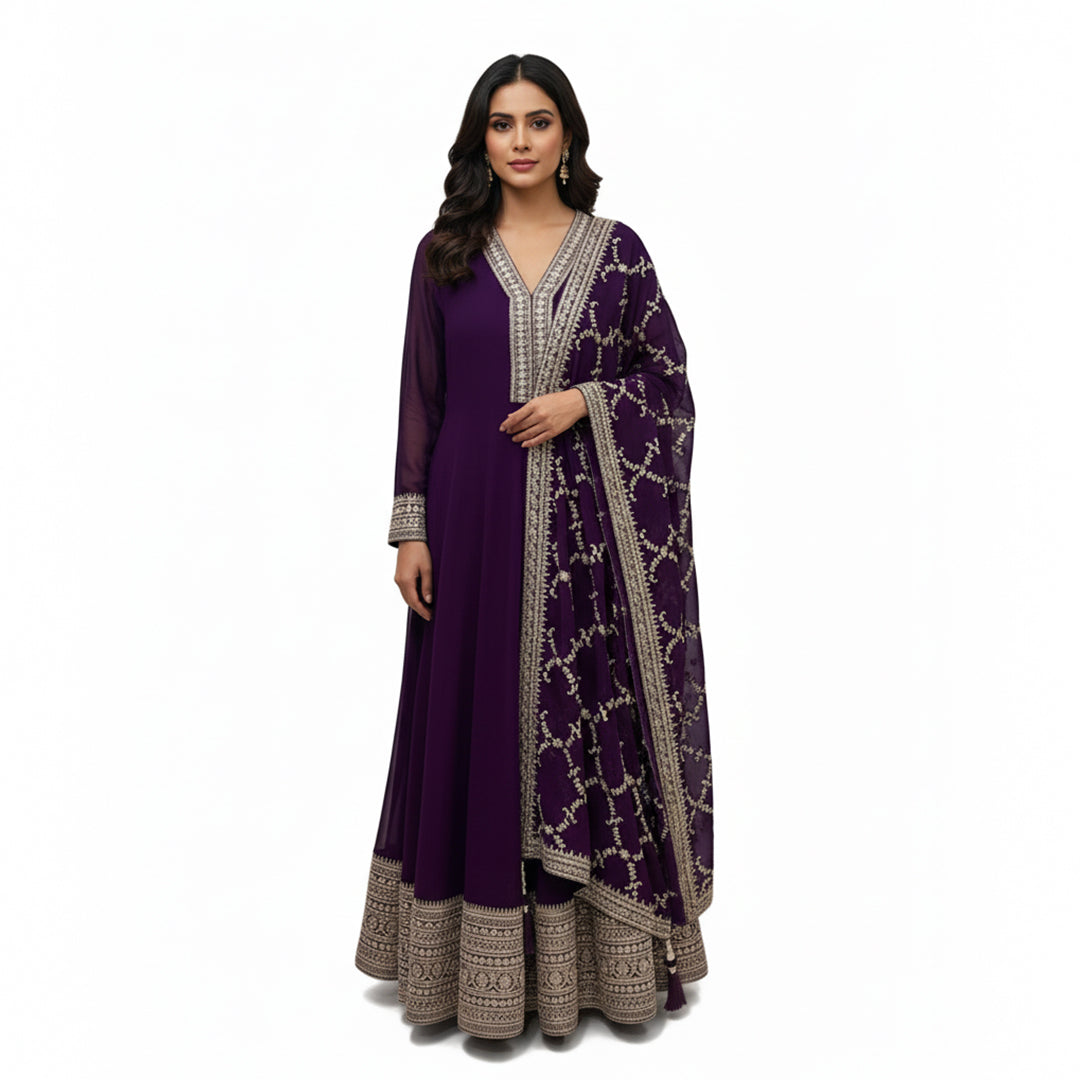 This royal outfit is in a beautiful deep purple color. It features a long, flowy Anarkali kurta with shiny silver embroidery on the neckline, sleeves, and a thick border at the bottom. It comes with comfortable matching palazzo pants. The look is completed with a heavy dupatta that is fully covered in a lovely silver net pattern. This outfit is traditional, elegant, and perfect for weddings and festivals.