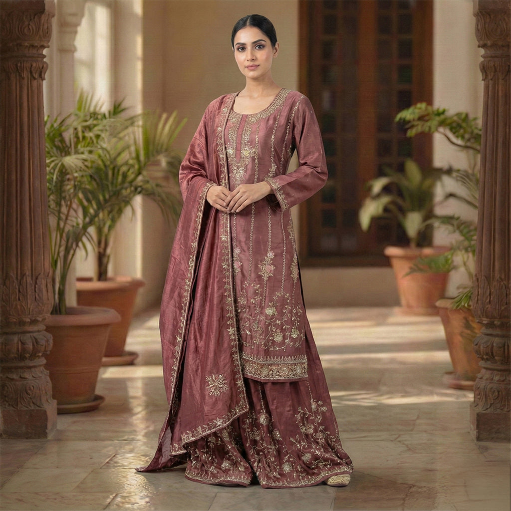 This gorgeous outfit is in a deep wine color. It features a long-sleeved Kurta with beautiful vertical lines of silver embroidery running down the front and floral designs. It is paired with matching wide palazzo pants that are heavily decorated with detailed embroidery at the bottom. The look is completed with a matching dupatta that also features elegant embroidered lines, making it a rich and festive choice