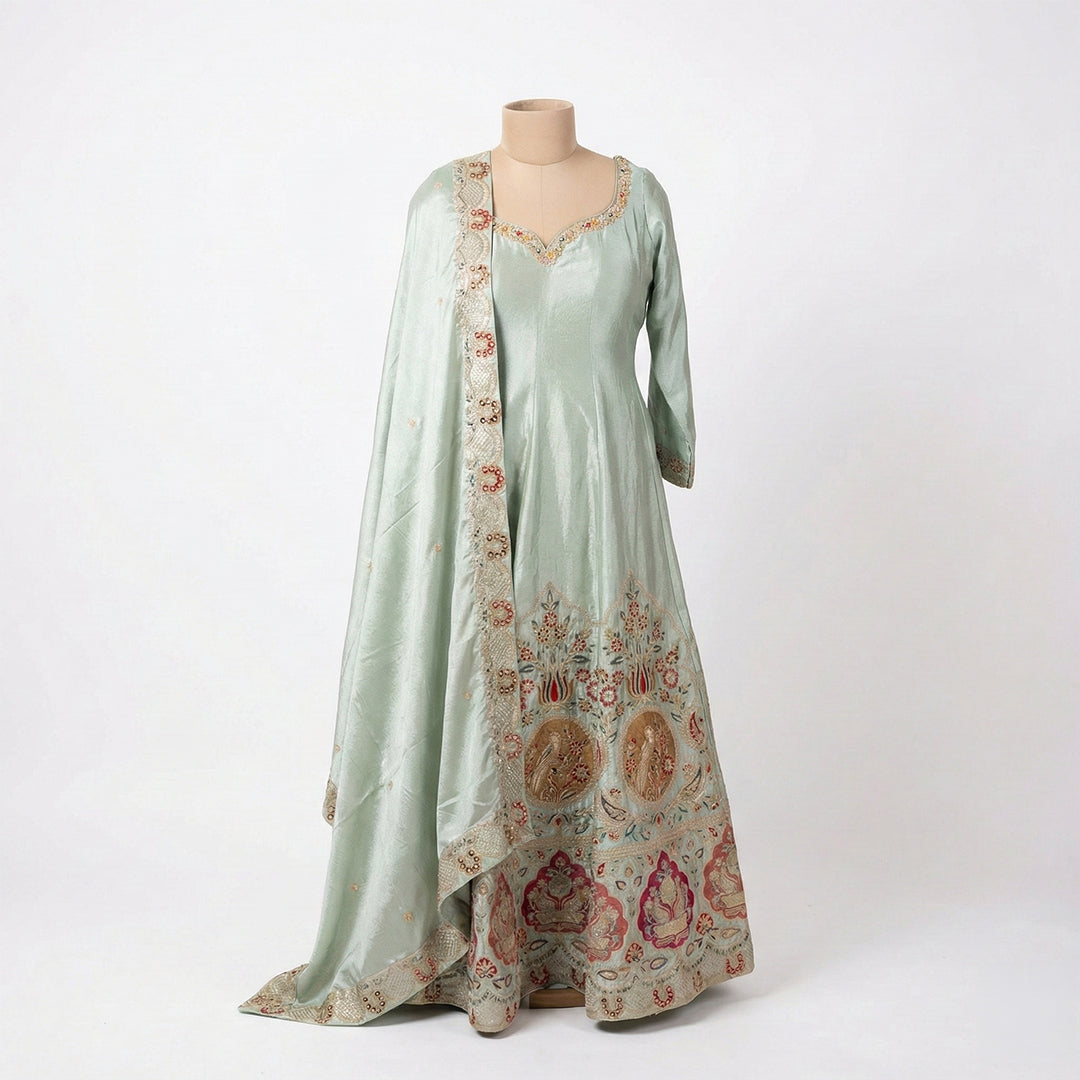 This elegant outfit is in a shiny sea-green color. It features a long, flowy Anarkali kurta with long sleeves and delicate work around the neckline. The bottom of the dress is heavily decorated with colorful red and gold floral embroidery. It comes with matching pants that fit comfortably. The look is finished with a matching Dupatta that has a beautiful embroidered border, making it perfect for weddings and festivals