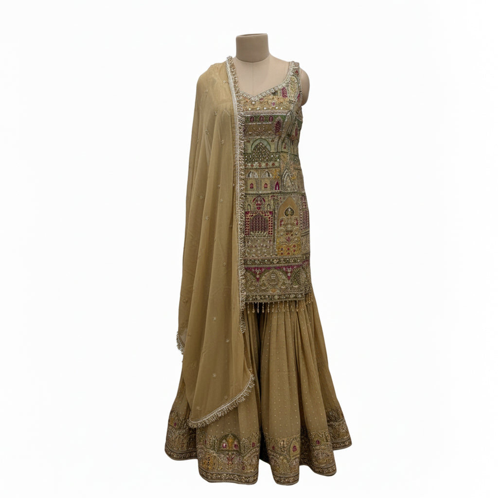 This beautiful outfit comes in a soft mauve color with pretty silver embroidery. The shirt has fine work around the neck and sleeves that adds a gentle shine.

The matching palazzo pants have lovely embroidery at the bottom, giving the outfit an elegant look.

A light dupatta with delicate work and a neat border completes the set, making it perfect for festive events or special occasions.