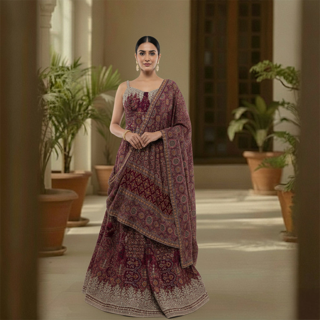 This is an exquisite maroon and gold lehenga choli ensemble, the perfect choice for weddings, Diwali, or any grand celebration.

This A-line traditional outfit features intricate all-over ethnic motifs and vibrant detailing. The full-flared skirt provides a majestic look, complemented by a chic embellished bodice and a matching drape.

This eye-catching Indian wedding wear piece is designed to make a statement.