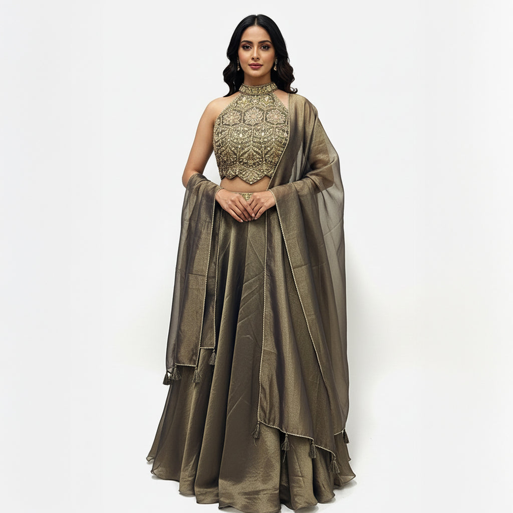 A stunning full-length traditional outfit in a soft green and golden tone.

This ensemble features a heavily embellished, modern neck design, sleeveless top and a voluminous, flowing skirt. It is completed with a coordinating draped scarf.&nbsp;

The look is suitable for formal events and celebrations, offering a sophisticated and festive aesthetic