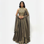 A stunning full-length traditional outfit in a soft green and golden tone.

This ensemble features a heavily embellished, modern neck design, sleeveless top and a voluminous, flowing skirt. It is completed with a coordinating draped scarf.&nbsp;

The look is suitable for formal events and celebrations, offering a sophisticated and festive aesthetic