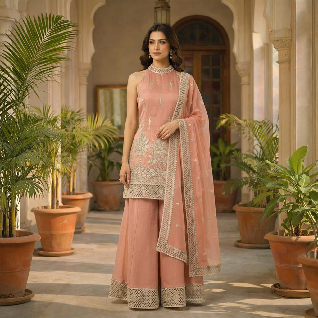 Stay ahead of the trends with this Peach Organza Sharara Suit featuring a sophisticated halter-neckline. The outfit is adorned with intricate silver zari work and delicate floral motifs that pop against the soft pastel hue. Lightweight and airy, this chic silhouette is designed for bridesmaids and summers, offering a fresh, open-shoulder aesthetic that radiates effortless elegance.