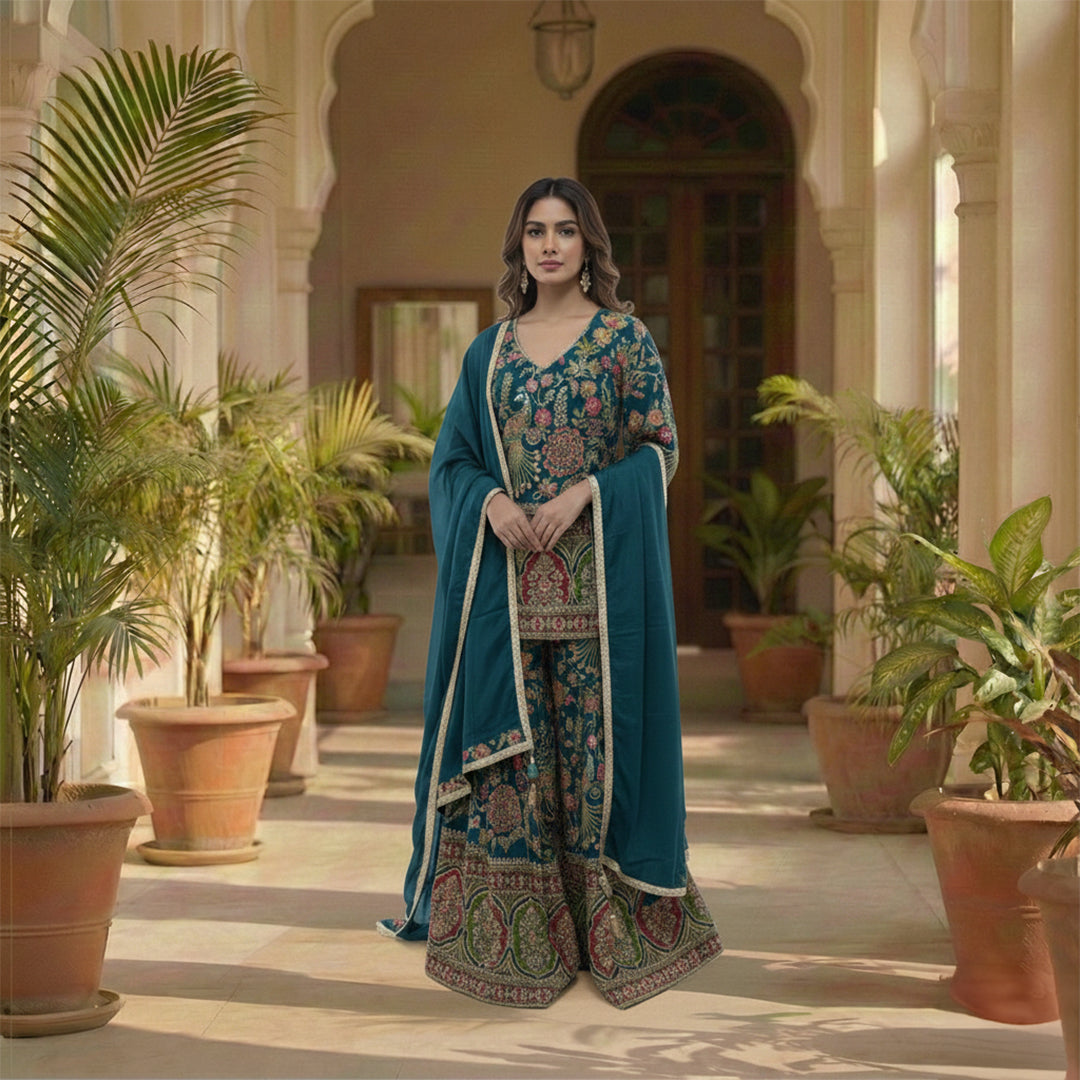 Celebrate vibrant heritage in this Teal Blue Silk Gharara Set, featuring traditional peacock color and rich thread work. The kurta’s multi-colored borders and intricate Zari details offer a stunning cultural aesthetic, while the flared gharara bottoms add a dramatic touch to your walk. It’s a bold, artistic masterpiece perfect for festive celebrations and Mehndi functions.