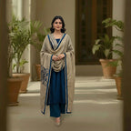 This rich outfit is perfect for the winter season. It is made from soft and warm velvet fabric in a lovely deep teal blue color.

The long kurta has beautiful shiny mirror work and golden patterns on the neckline and sleeves to give it a festive look.

It comes with a contrasting golden dupatta that drapes nicely. This outfit is cozy, elegant, and great for winter weddings and parties.