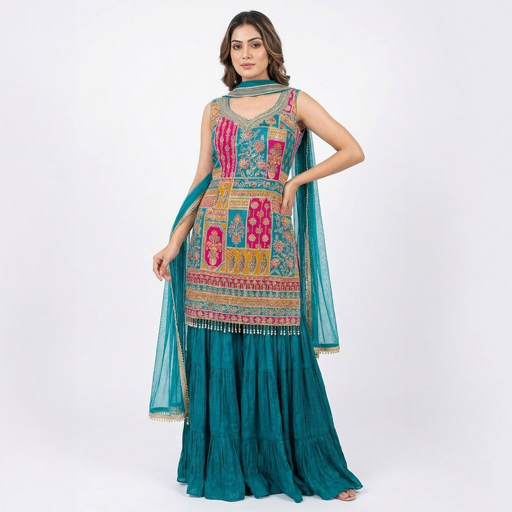 This vibrant outfit is in a rich teal color. The kurta has beautiful multicolored embroidery with detailed patterns and mirror work, giving it a festive look. It comes with a flowy, pleated palazoo and a matching dupatta.

This outfit is bright, elegant, and perfect for weddings, mehndi functions, and festive celebrations.