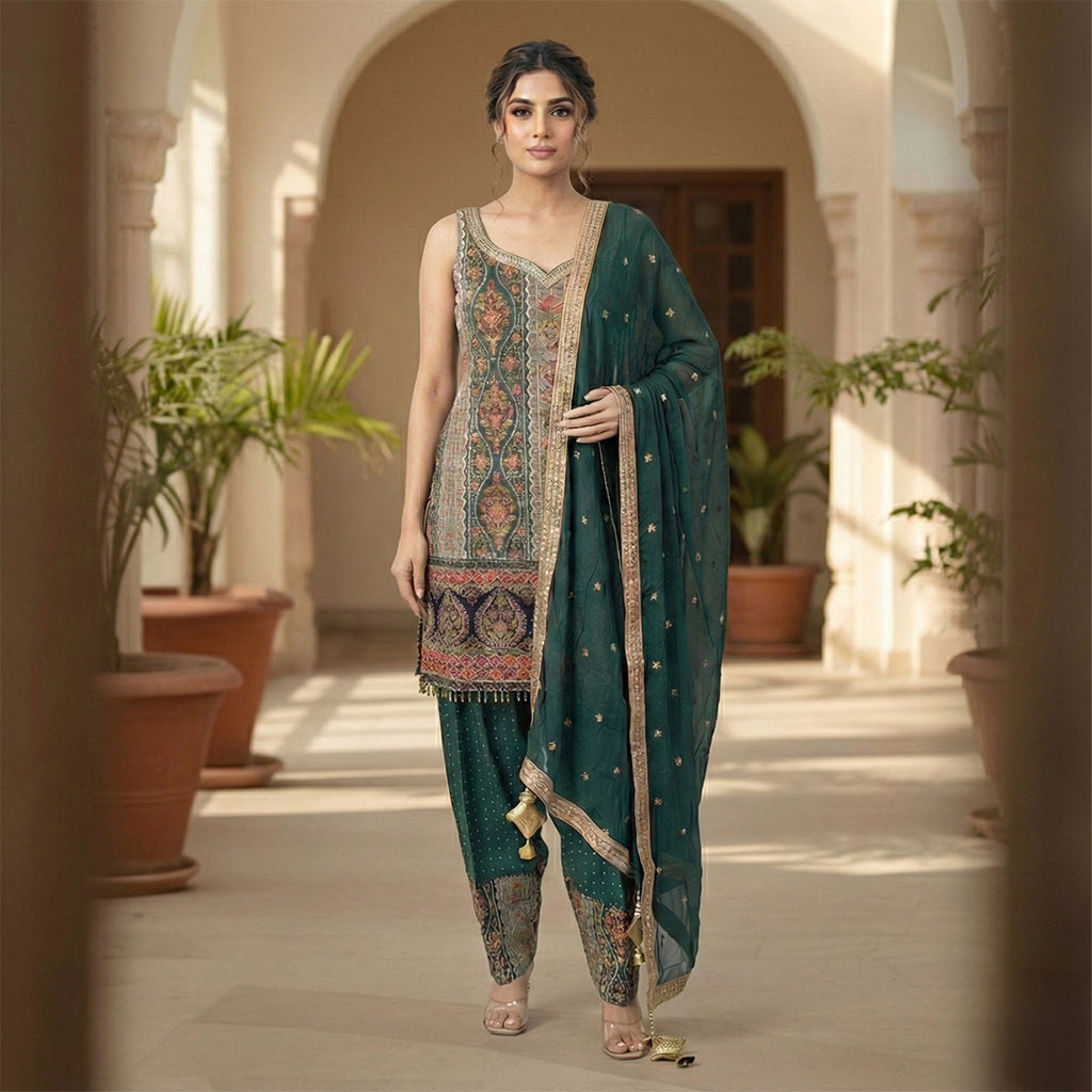 This beautiful outfit is in a deep bottle green color. It features a Kurta covered in colorful embroidery and golden designs with beaded hangings at the bottom. It comes with a matching Salwar that has small gold dots and heavy work at the ankles. The look is completed with a green Dupatta having a shiny gold border, making it perfect for festive occasions.