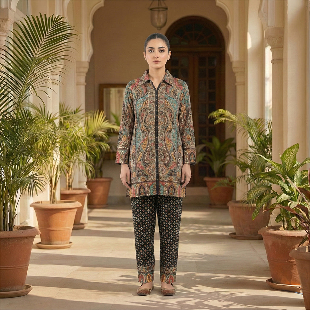 This trendy outfit is full of colors. The top is a shirt-style kurta with a smart collar and buttons down the front. It features a rich, detailed print with teal, beige, and red patterns. It comes with contrasting black pants that have a cute, small geometric design. This outfit is smart, unique, and perfect for casual wear or office days.