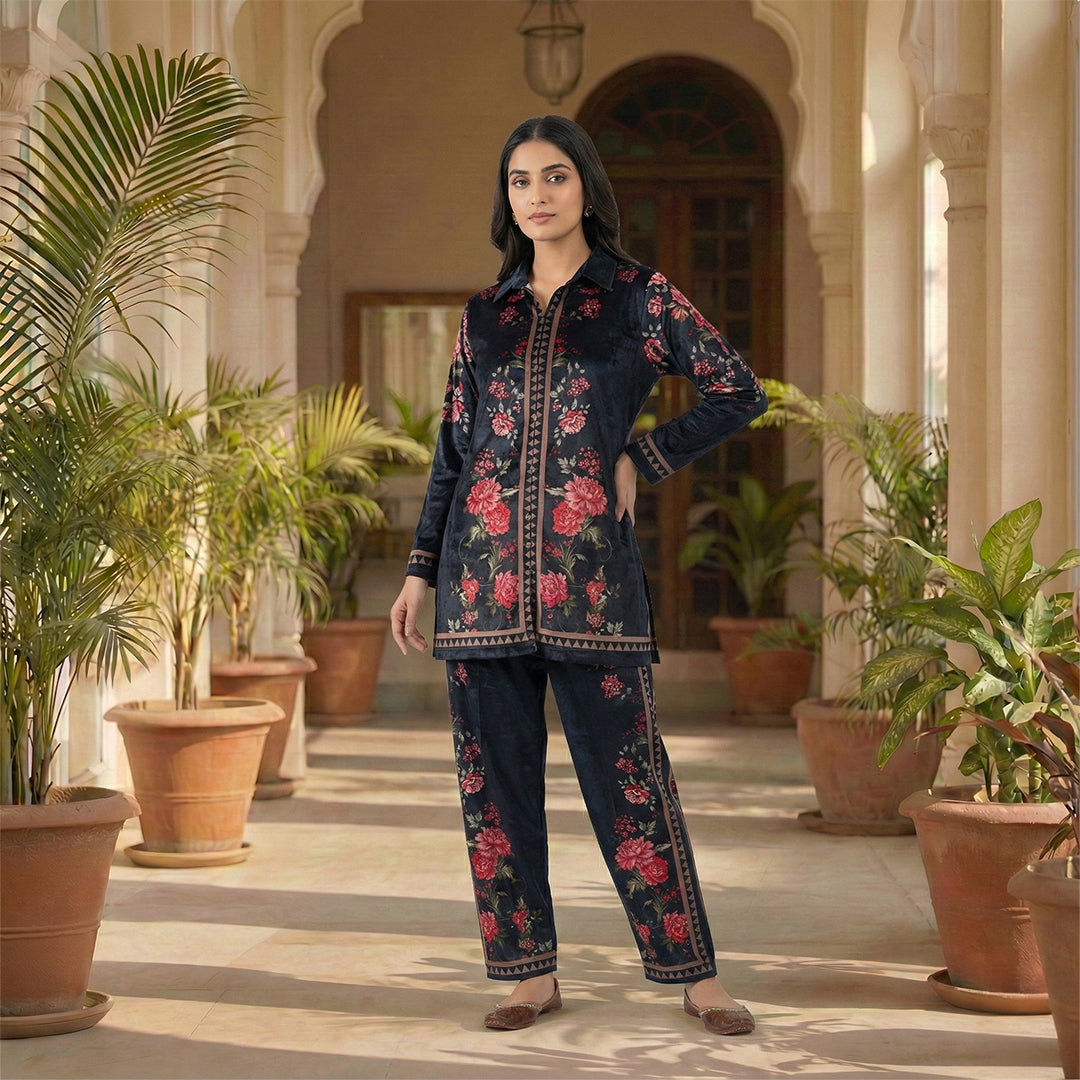 This trendy outfit is in a deep blue color. It features a shirt-style top with a smart collar and buttons down the front. It is decorated with beautiful pink floral patterns and has a stylish geometric border design. It comes with comfortable matching pants that have the same print. This outfit is chic, modern, and perfect for casual outings or smart daily wear.