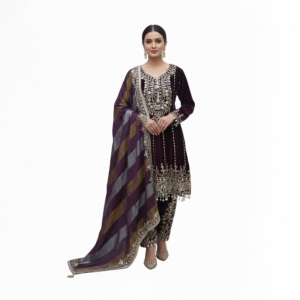 Exude royalty in this Deep Purple Micro-Velvet Kurta Set, a perfect choice for winter weddings. The rich velvet bodice is heavily embellished with authentic mirror work and Gota Patti embroidery, accented by elegant pearl-bead droplets. Paired with a contemporary multi-tonal striped dupatta, this ensemble seamlessly blends traditional opulence with modern styling for a truly elegand festive look