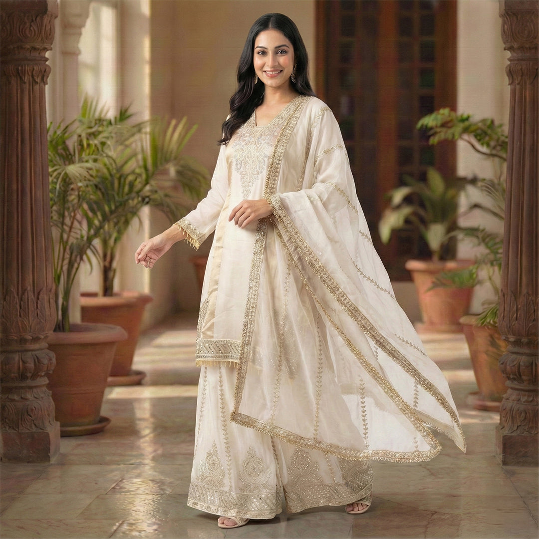 This elegant outfit is in a rich cream color. It features a long-sleeved Kurta with shiny silver and gold embroidery on the neck and a shimmering gold panel on the side. The sleeves have stylish hanging beads at the cuffs. It comes with matching pants that have heavy sparkly designs at the ankles. The look is completed with a dupatta featuring a beautiful embroidered border, making it a classy choice for weddings and festivals.