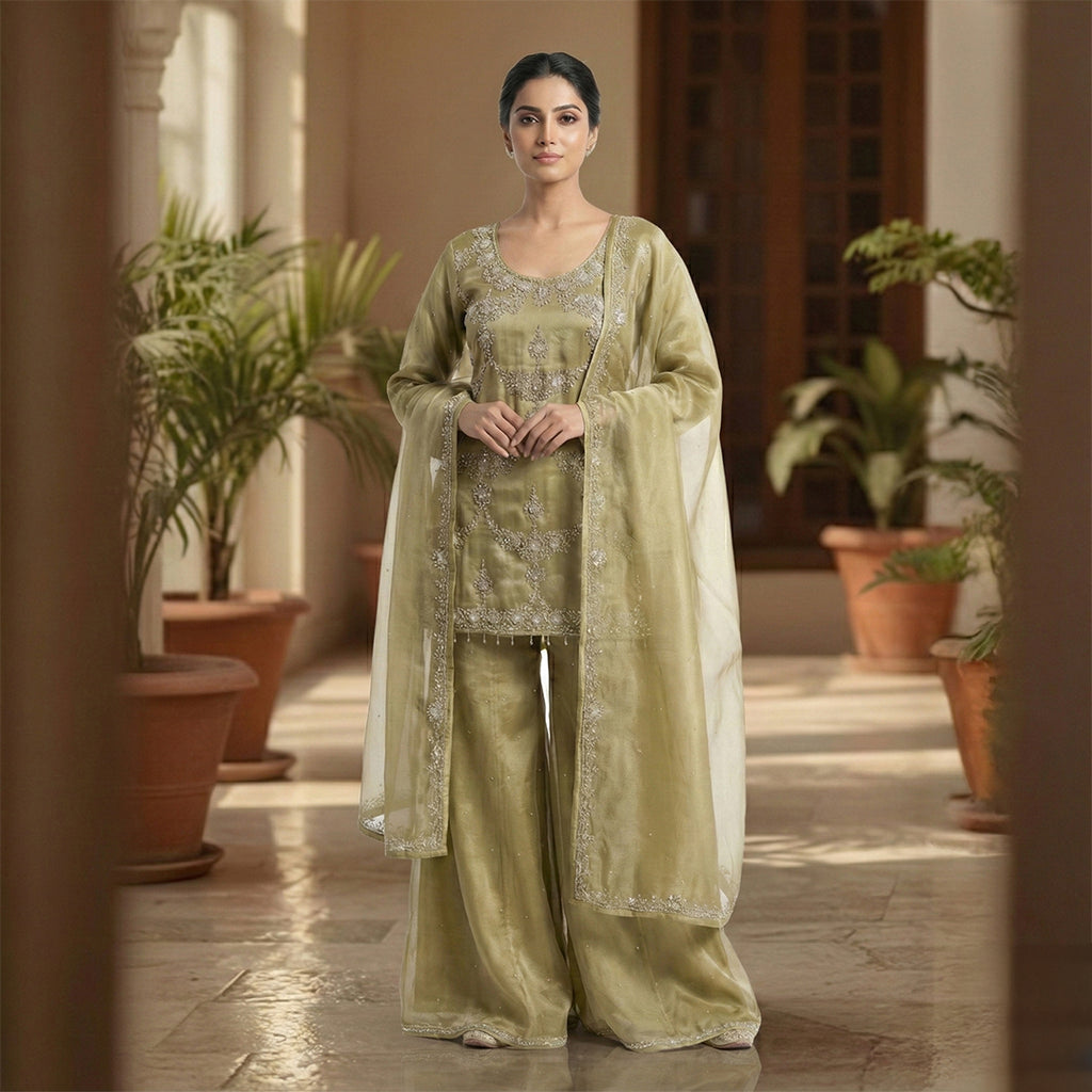 This beautiful outfit is in a lovely olive green color. It features a stylish Kurta made of shiny fabric with sparkling silver stone work around the neckline and front. It comes with matching wide pants that have small silver dots scattered on them. The look is completed with a light dupatta that has a delicate silver border, making it a perfect choice for weddings and parties.