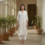 This simple and elegant outfit in a soft off-white color with delicate silver embroidery. The neckline, sleeves and borders are beautifully detailed with fine threadwork and tiny tassels that add a charming touch.

The straight cut and light fabric give it a graceful and comfortable look, perfect for both casual and semi-formal occasions.


Minimal yet classy, this outfit is ideal for daytime gatherings, festive lunches or when you want to look effortlessly stylish.