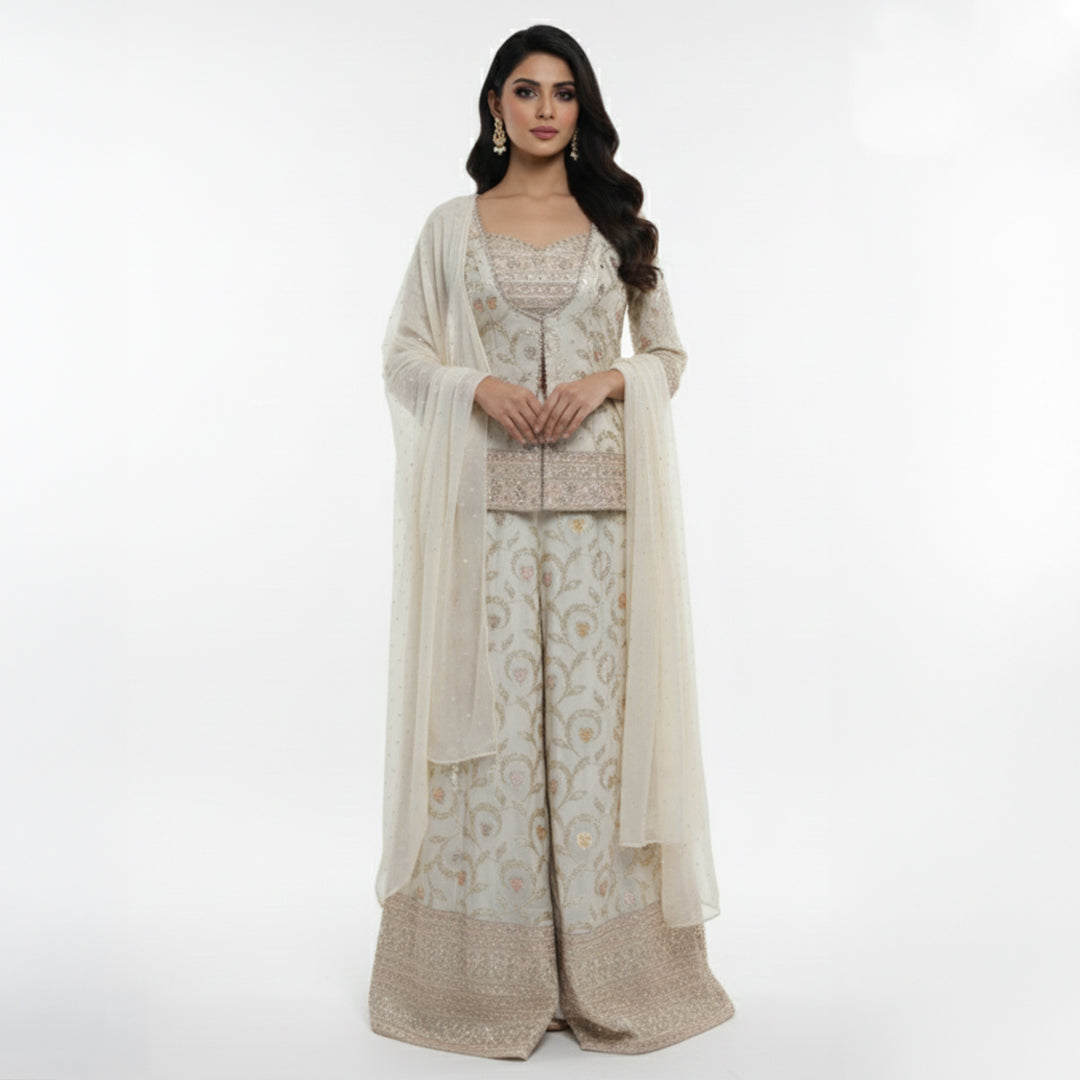 This graceful outfit is designed in a soft ivory shade with delicate golden embroidery that gives it a refined, elegant look. The fitted jacket style top has a beautiful neckline and fine handwork along the edges adding a hint of sparkle.

The wide-leg pants feature matching floral embroidery with a rich border creating a balanced and stylish appearance.


A light, sheer dupatta with tiny embroidered dots completes the outfit making it perfect for weddings, festive occasions or any event where you want to l